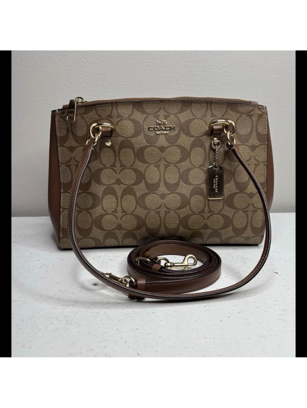 Coach Etta Carryall Beige Brown Signature Coated Canvas & Leather Satchel